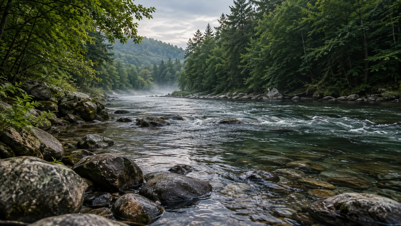 A quiet river winding through green woodland